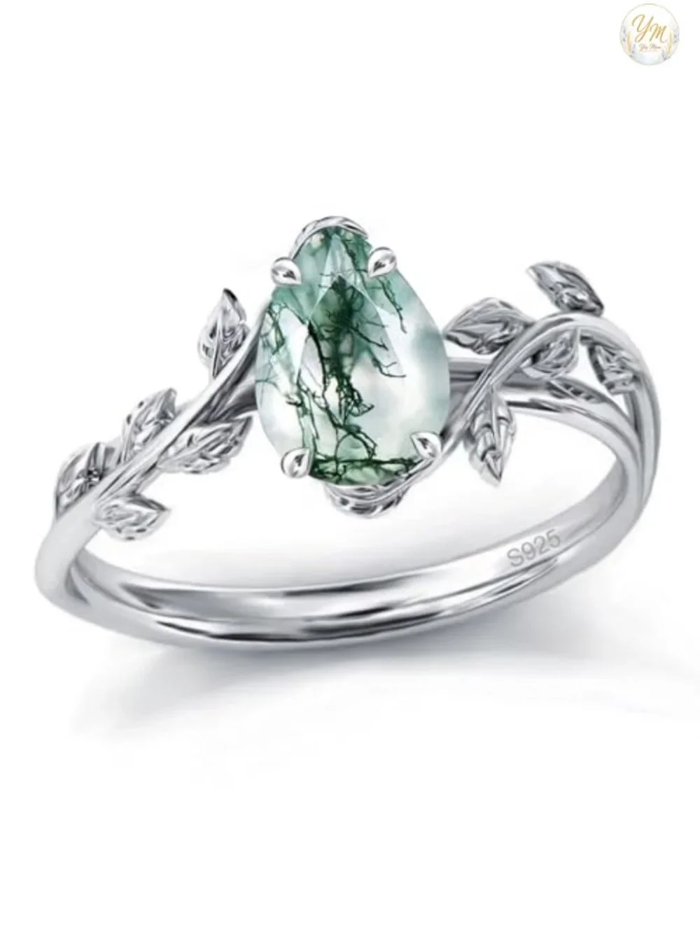 Wasee Moss Agate Ring 925 Sterling Silver Leaf Promise Ring Women's Jewelry